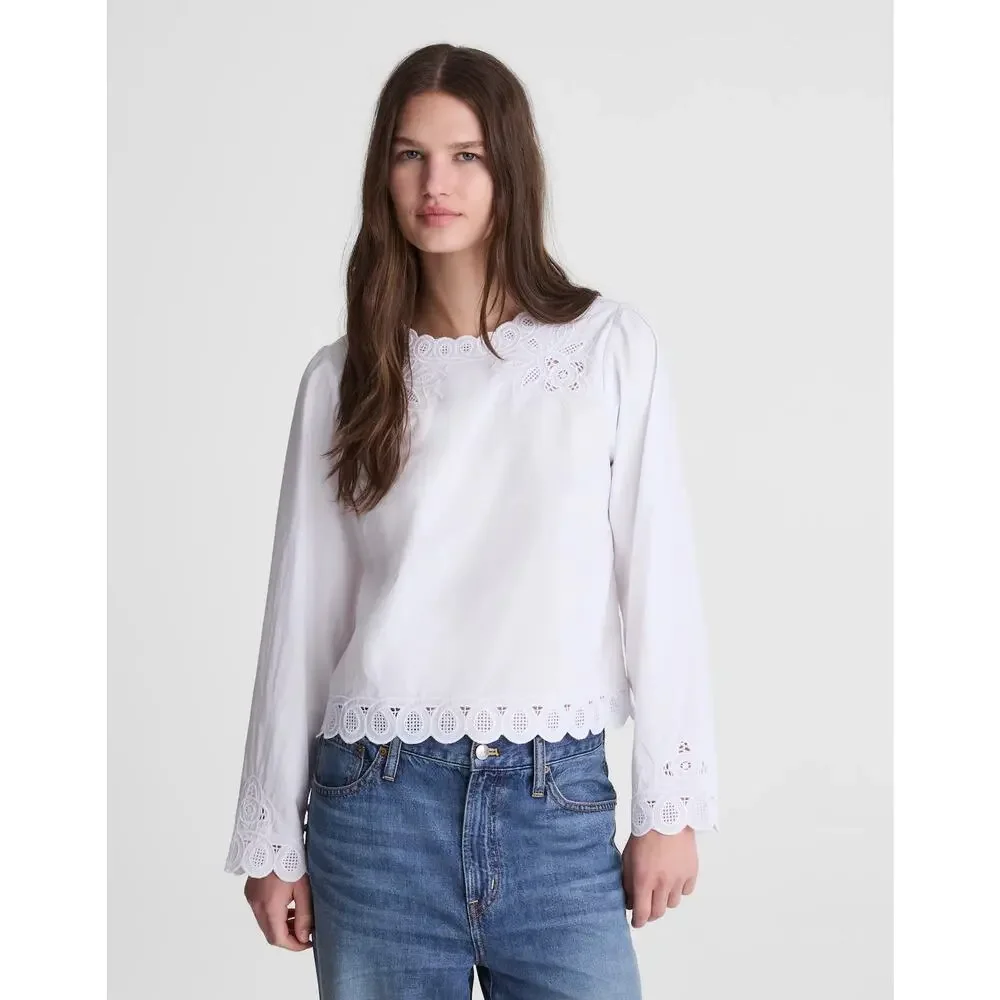 Madewell Women's Embroidered Puff-Sleeve Top in Poplin White Size Small NWT